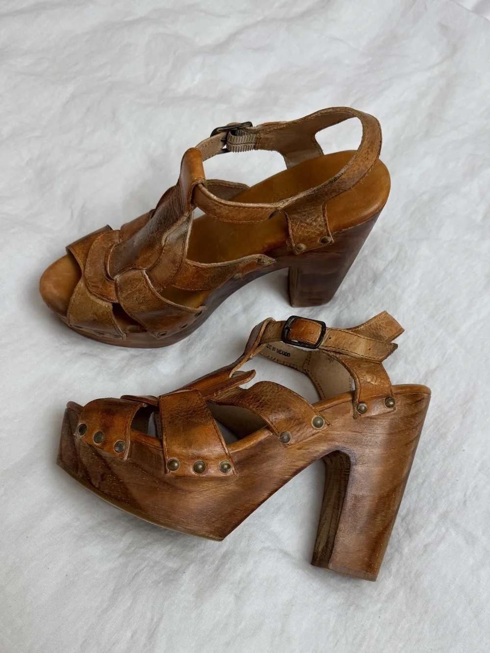 Bed|Stu Leather Wooden Platform Clog Heels Sandals Size 10 Y2K Boho Festival